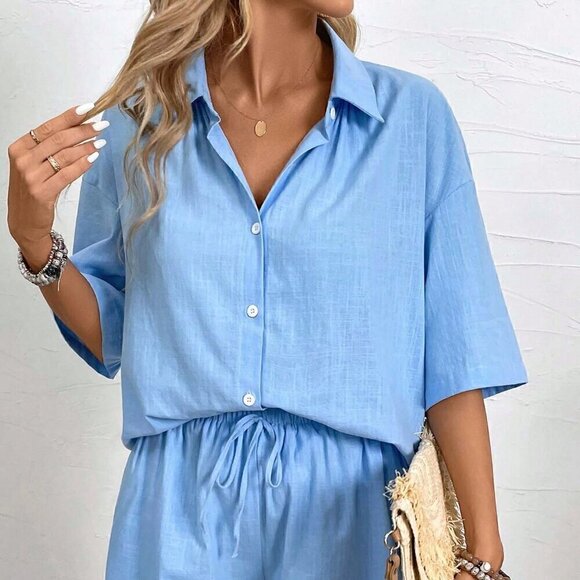 Blue Casual Women's Leisure Solid Color Drop-Shoulder Shirt And And Shorts Set - Picture 3 of 7